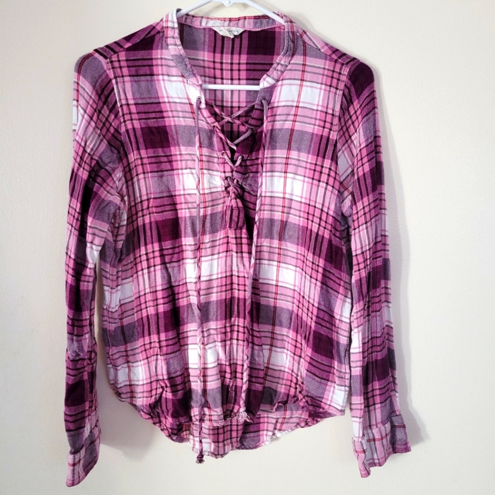 Aeropostale Pink Plaid Tie Front Loose Fit Women's Shirt - Size Large